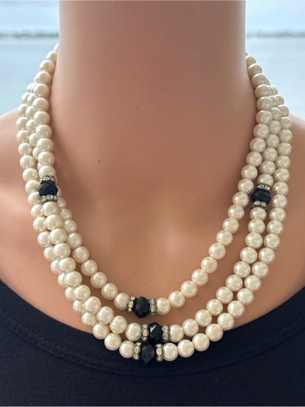Vintage Triple Strand Faux Pearl Necklace With Rhinestone Black Bead Accents